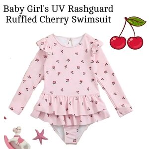 NWT GIRLS RASH GUARD ADORABLE RUFFLED SUN UV BLOCKING PINK SWIMSUIT W 🍒 🍒